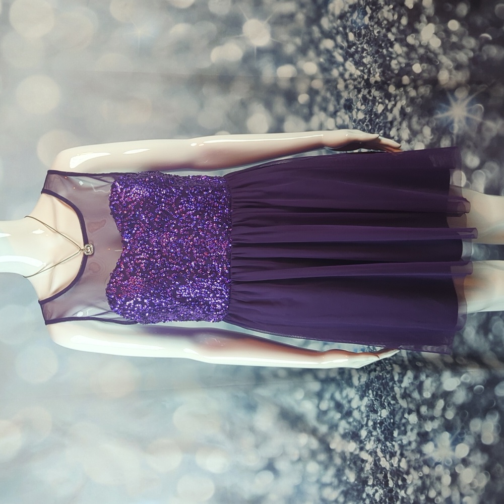 Charlotte Russe L Short Sequined Purple Illusion Dress / Gown With Tulle Skirt